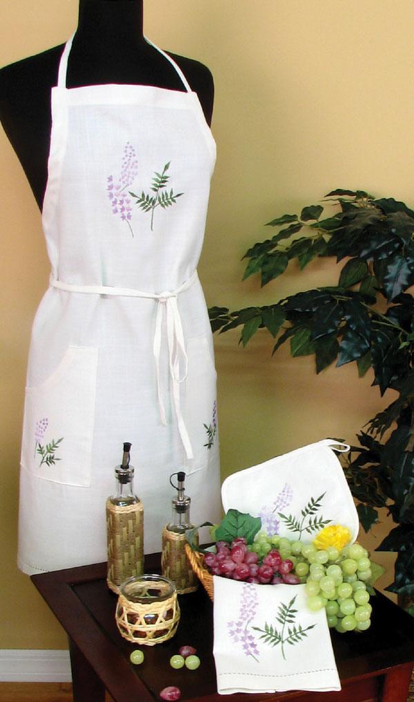 Elegant table linens from the XD46118 Lavender Collection featuring embroidered lavender flowers on sheer and regular fabric.