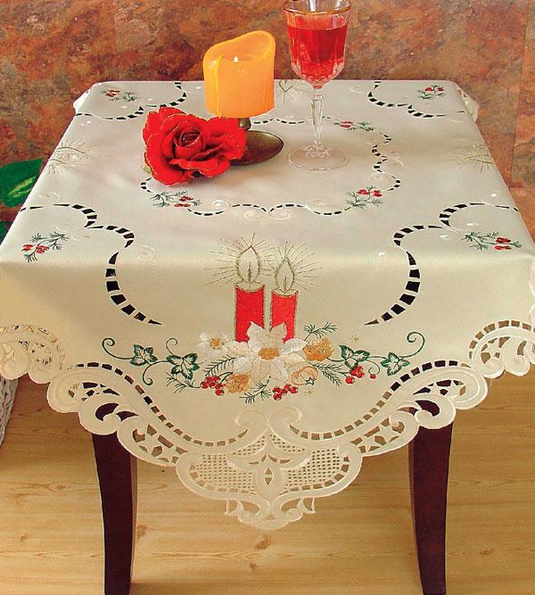 XD56511 Christmas Red Collection linens featuring holiday candle designs on an ivory background with embroidery and cut work.