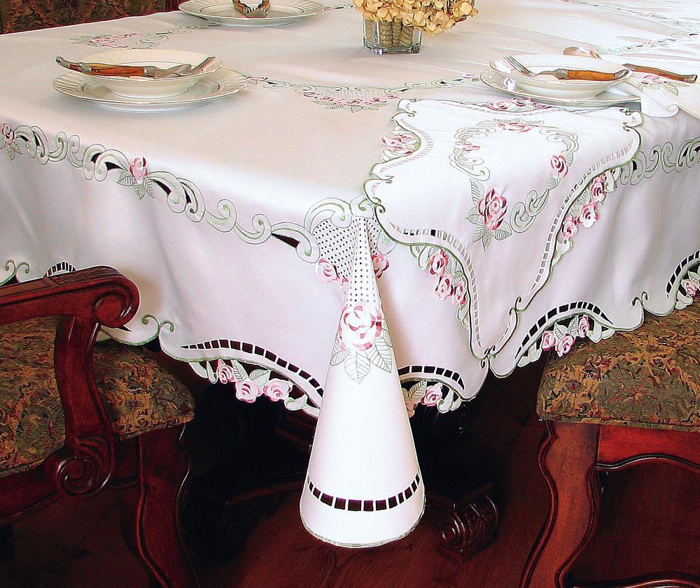 XD56823 Rose Embroidered Collection featuring elegant roses and intricate cutwork on table linens, perfect for spring and summer settings.