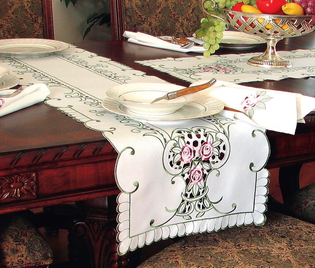 XD56856 Tearose Collection featuring elegant flower embroidery and hand-rendered cutwork on table linens.