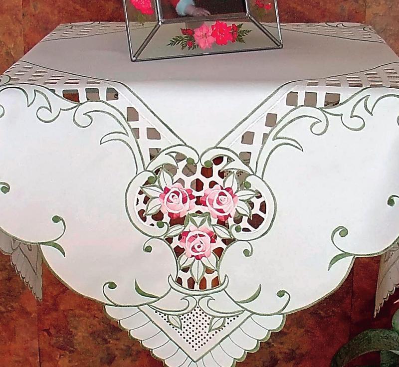 XD56856 Tearose Collection featuring elegant flower embroidery and hand-rendered cutwork on table linens.