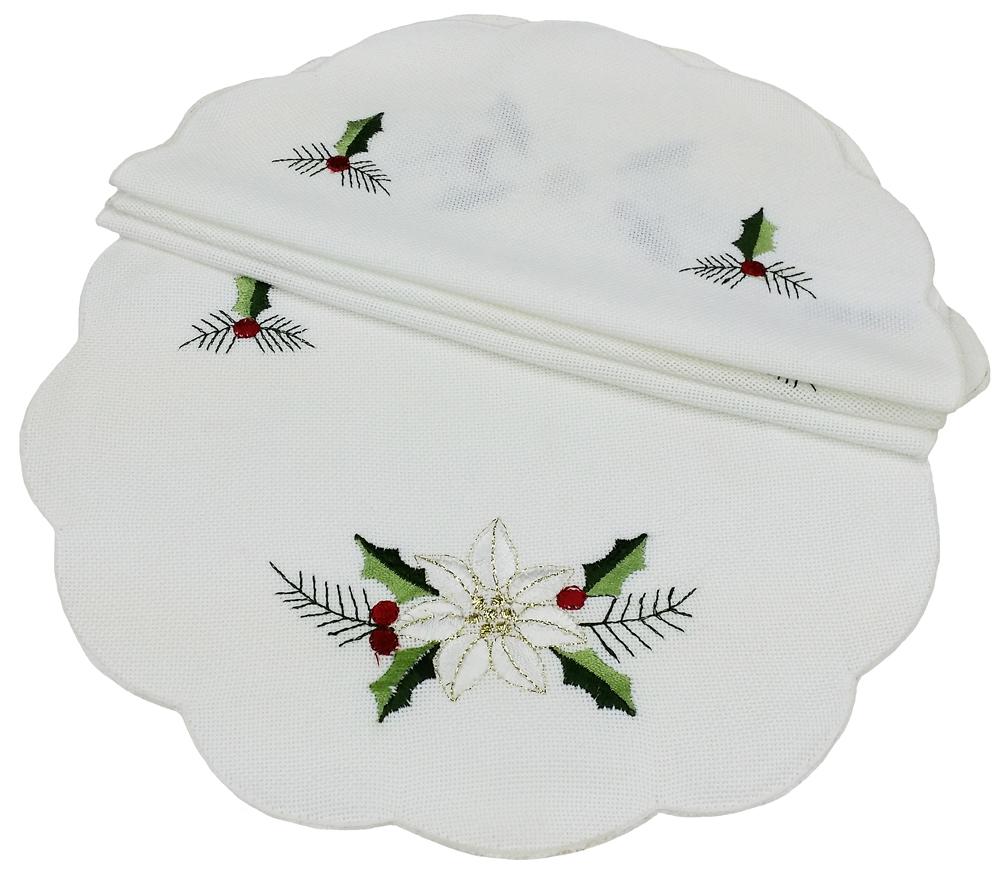 Set of 4 Country Poinsettia Doilies featuring intricate embroidery and hemstitch trim, perfect for Christmas table decor.