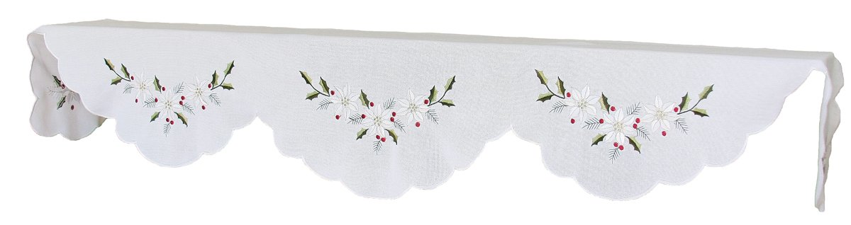 XD68036 Country Poinsettia Mantel Scarf featuring intricate embroidery of poinsettias and holly, perfect for Christmas decor.