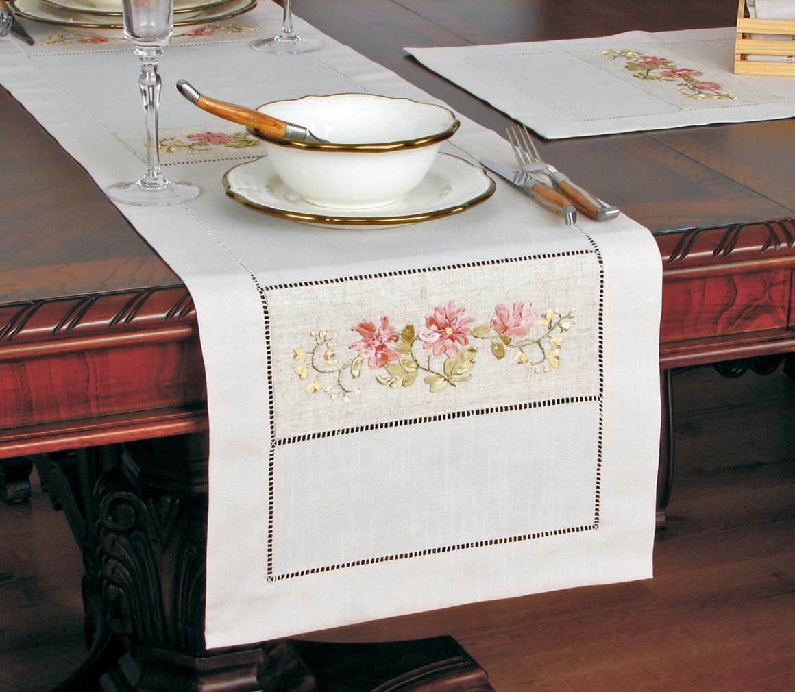 XD68049 Flower with Hemstitch Collection featuring beige linen with elegant ribbon flowers and intricate cutwork design.