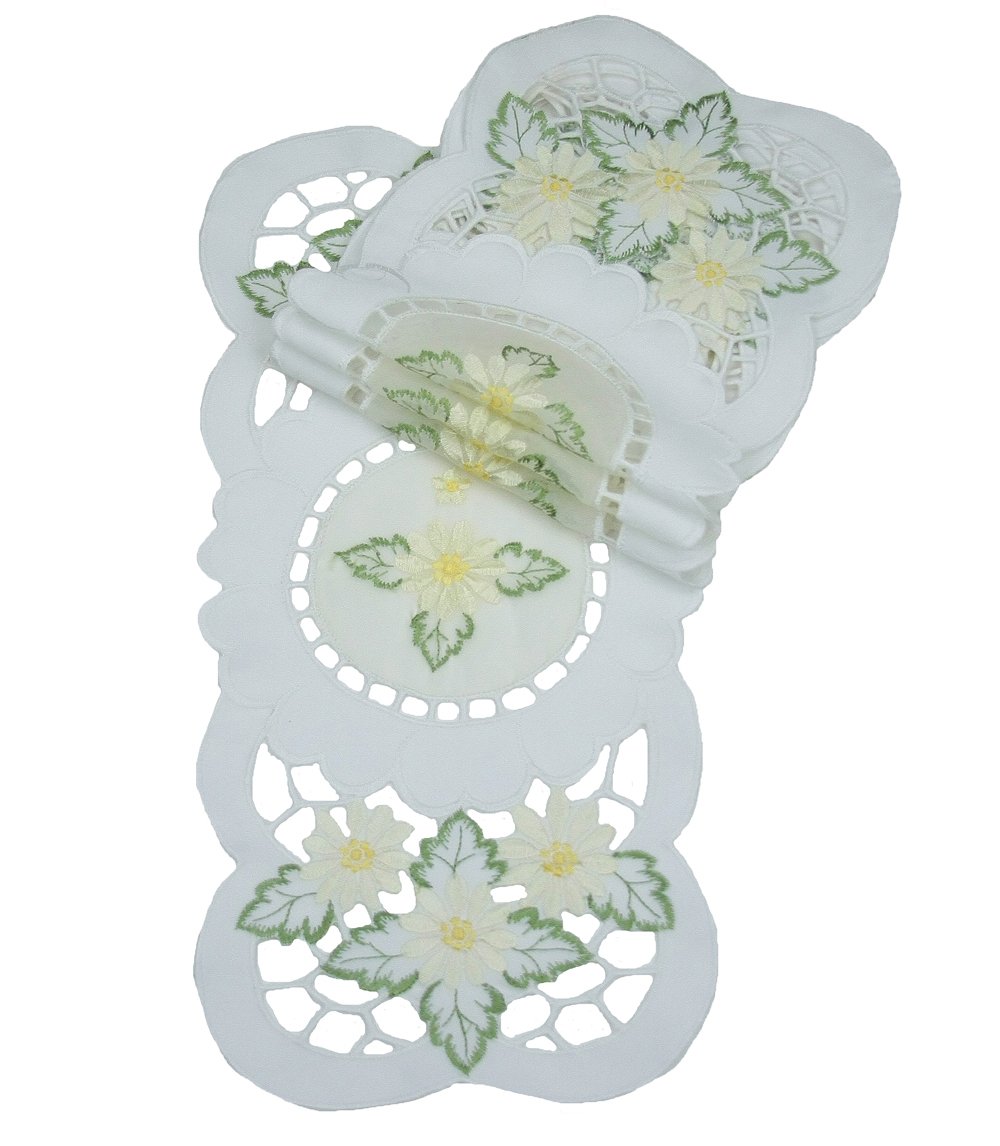 Set of 4 Elegant Daisy Traycloths featuring intricate floral embroidery and sheer accents on white linen.