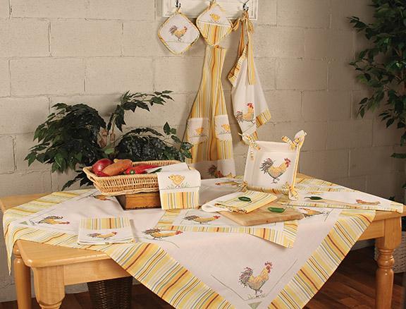 Colorful cross-stitch embroidered rooster design on kitchen linens with yellow striped edges, perfect for country-themed decor.
