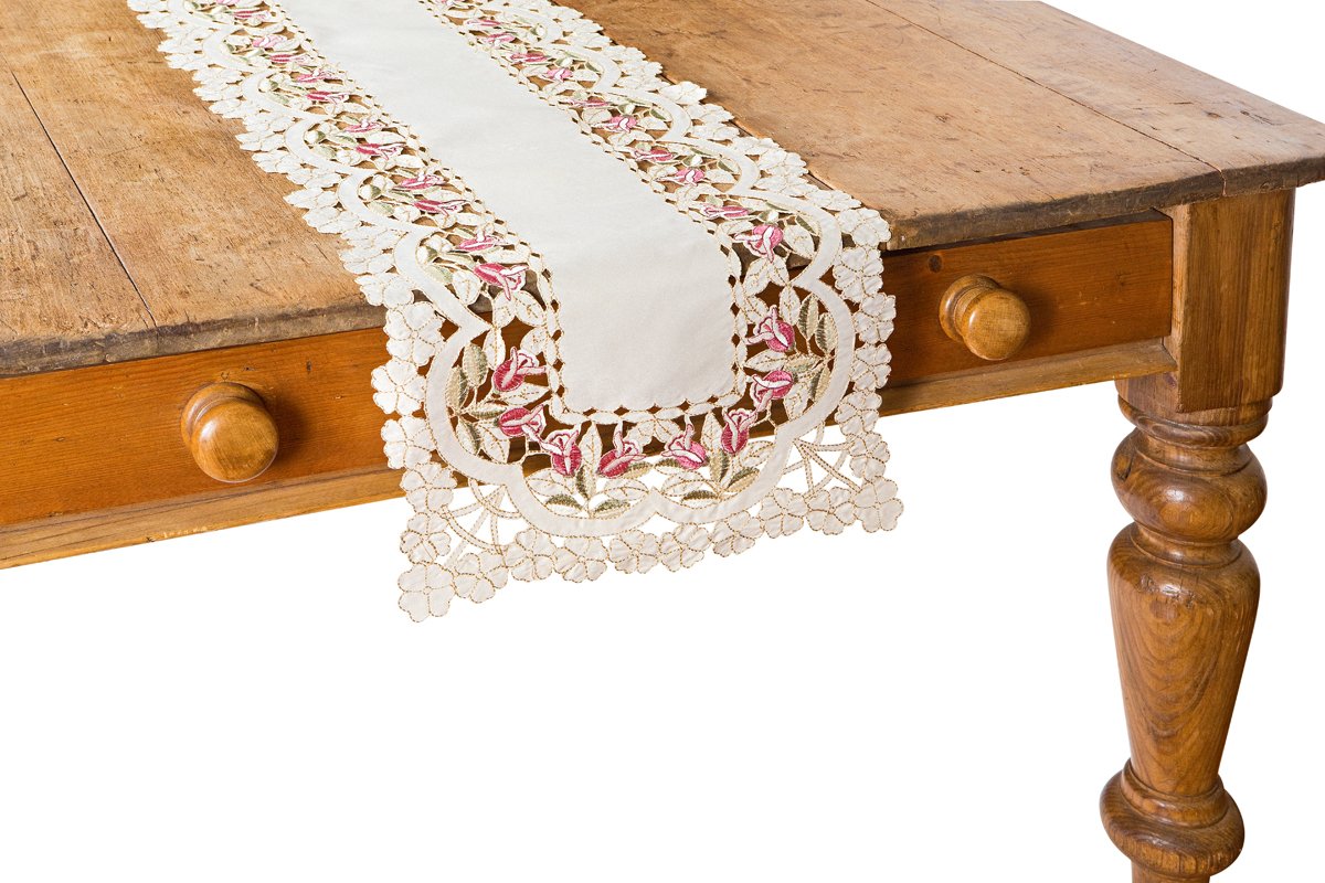 Elegant XD766001 Rose Garden Table Runner featuring intricate rose embroidery and delicate cutwork design on a soft linen fabric.