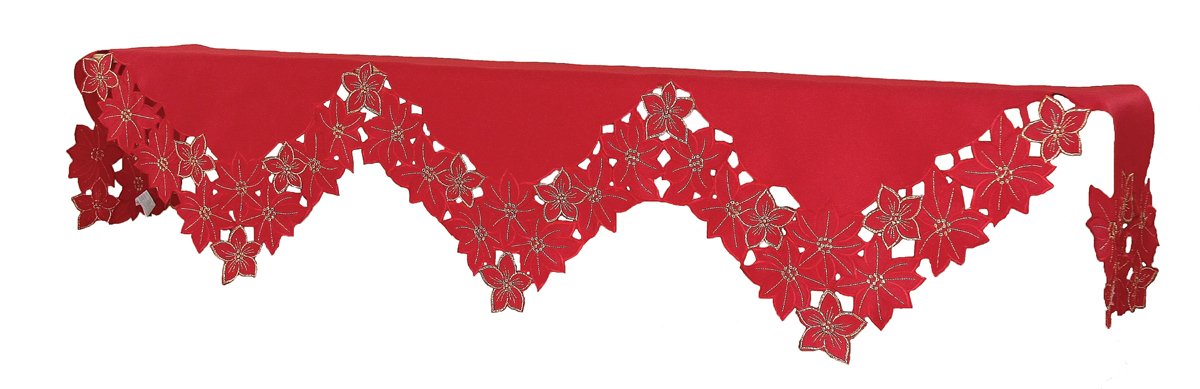 XD795022 Festive Poinsettia Mantel Scarf featuring intricate embroidery and cutwork, perfect for Christmas decor.