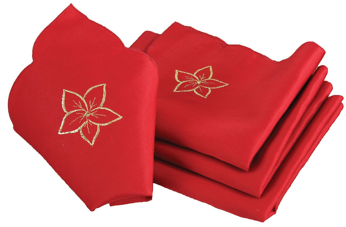 Set of 4 XD795022 Festive Poinsettia Napkins featuring intricate embroidery and cutwork, perfect for Christmas dining.
