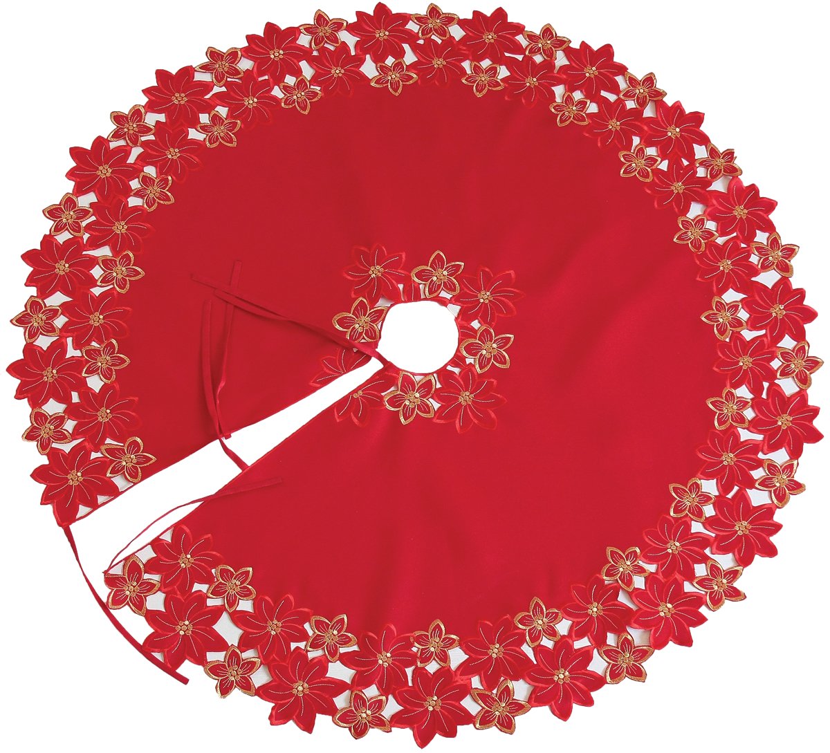 48-inch round festive poinsettia tree skirt with intricate embroidery and cutwork, perfect for Christmas decor.