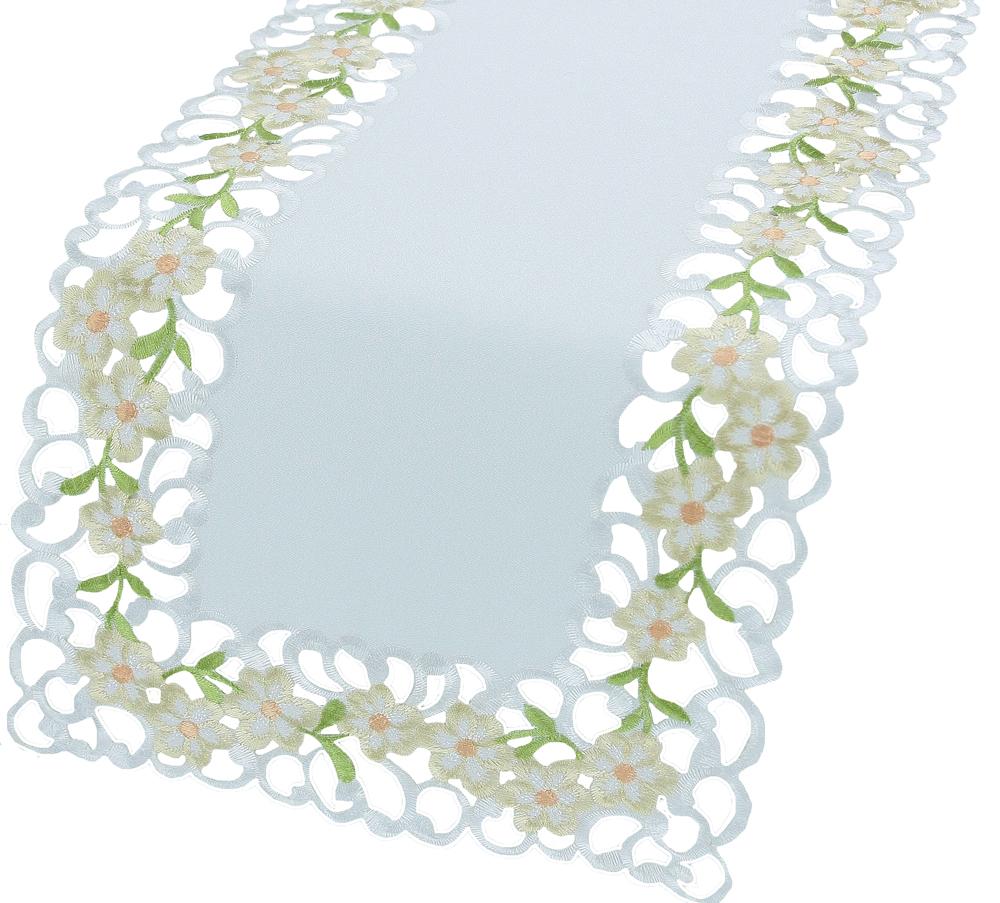 XD8073 Spring Garden Table Runner featuring delicate floral embroidery and hand-rendered cutwork on white linen.