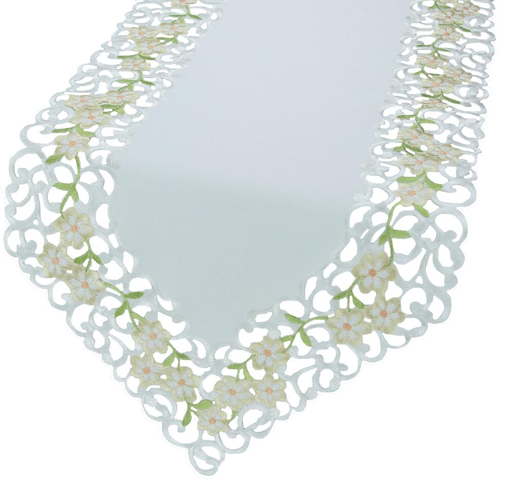 XD8073 Spring Garden Table Runner featuring delicate floral embroidery and hand-rendered cutwork on white linen.