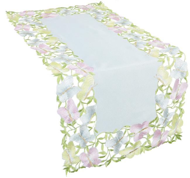 XD8190 Butterfly Minuet Table Runner featuring embroidered pastel butterflies and vine cutwork, perfect for spring and summer decor.