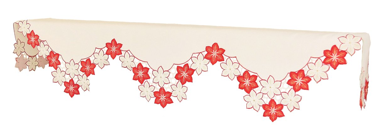 XD99022 Candy Cane Poinsettia Mantel Scarf featuring vibrant poinsettia embroidery and golden accents, perfect for Christmas decor.