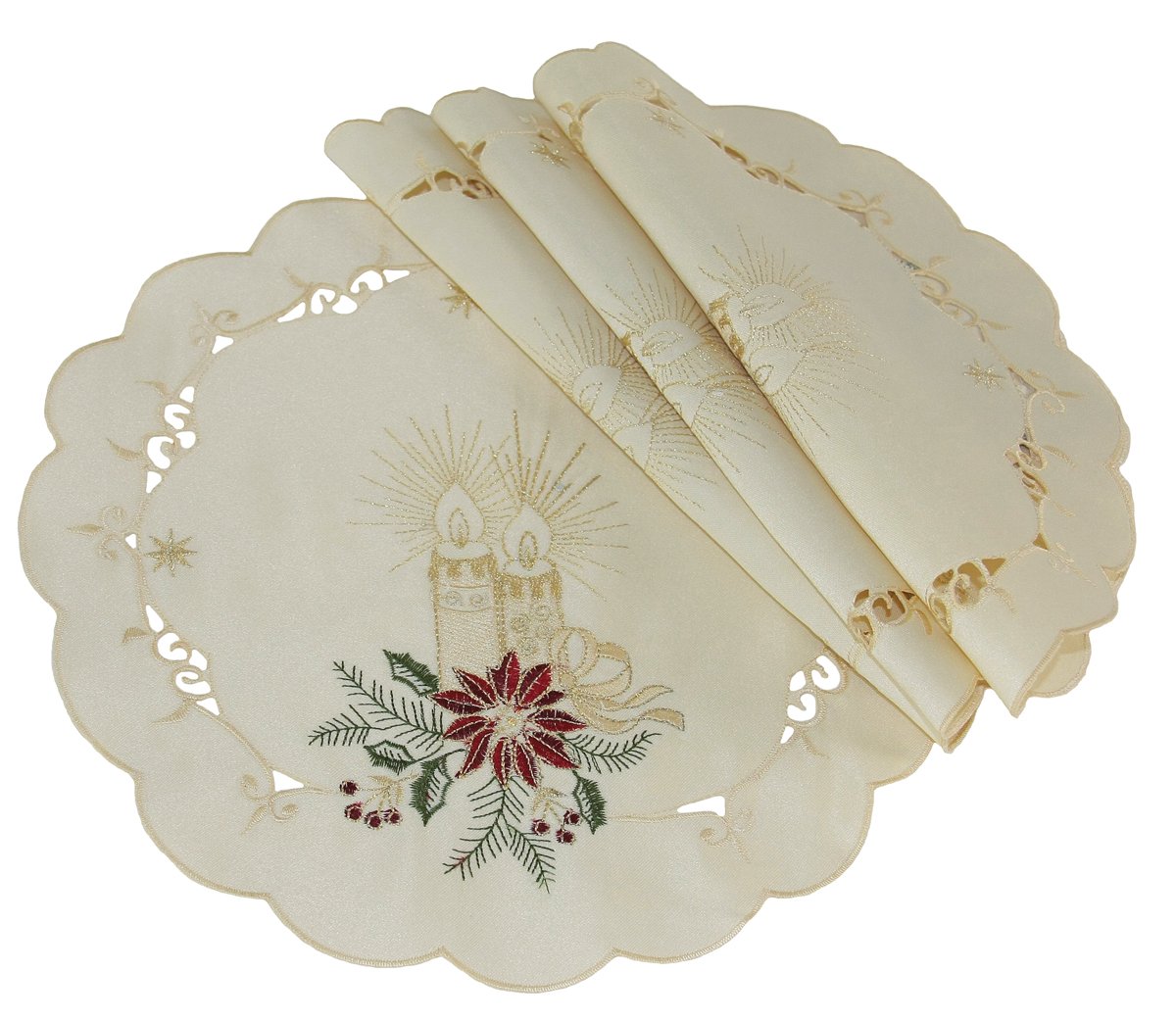 Set of 4 XD99911 Golden Glow Doilies featuring Christmas candle embroidery and golden lycra accents, perfect for holiday table settings.