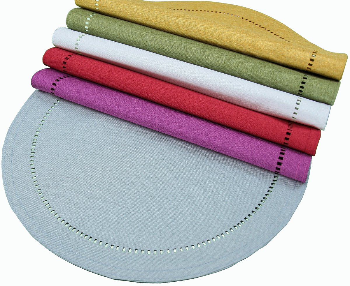Set of four XD915918 Melrose Hemstitch placemats in various colors, showcasing intricate hemstitch trim detail.