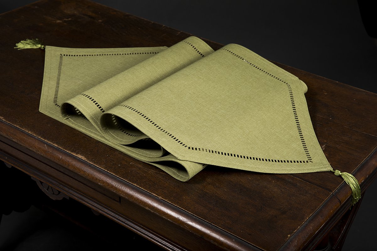 XD915918 Melrose Hemstitch Table Runner in various colors with intricate hemstitch detailing, perfect for elegant dining settings.