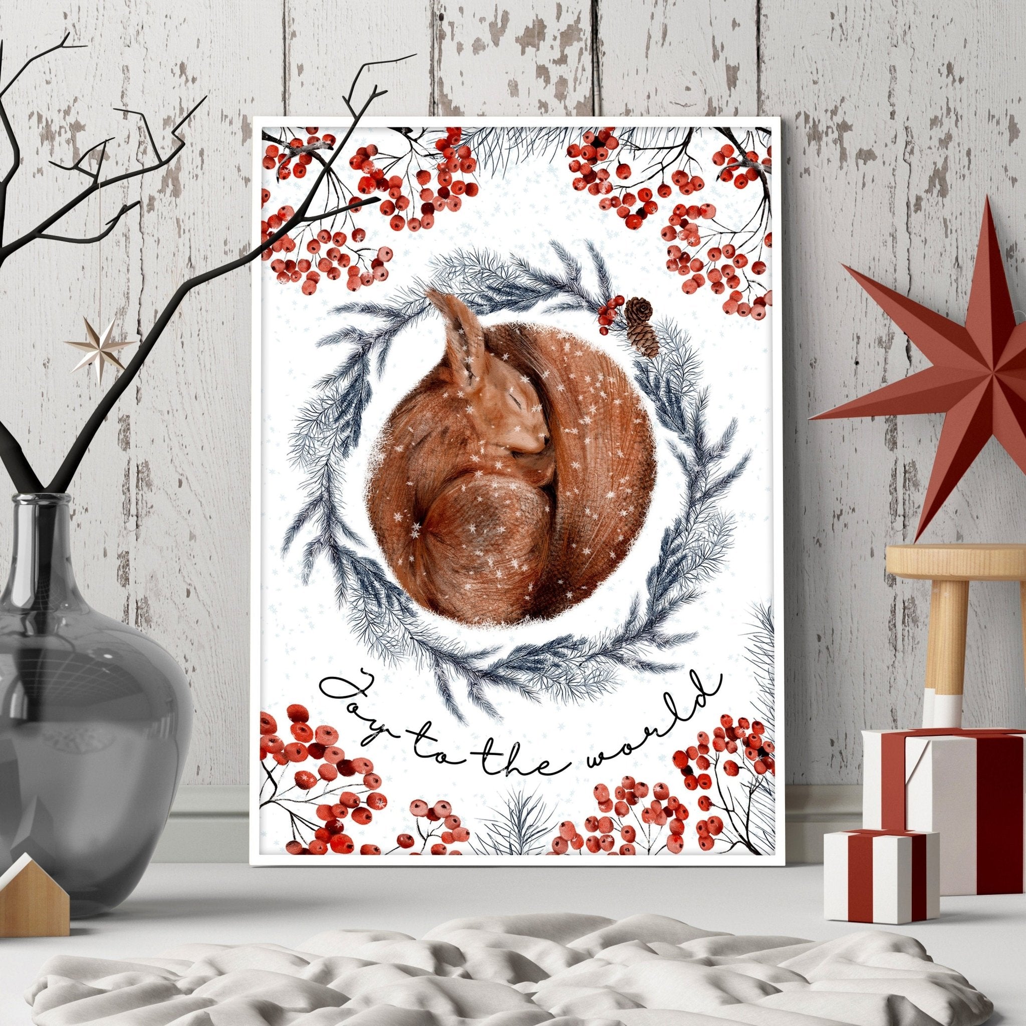 Charming Squirrel Wall Art Print featuring a grey wreath and red mistletoe berries, perfect for Folk Christmas Decor.
