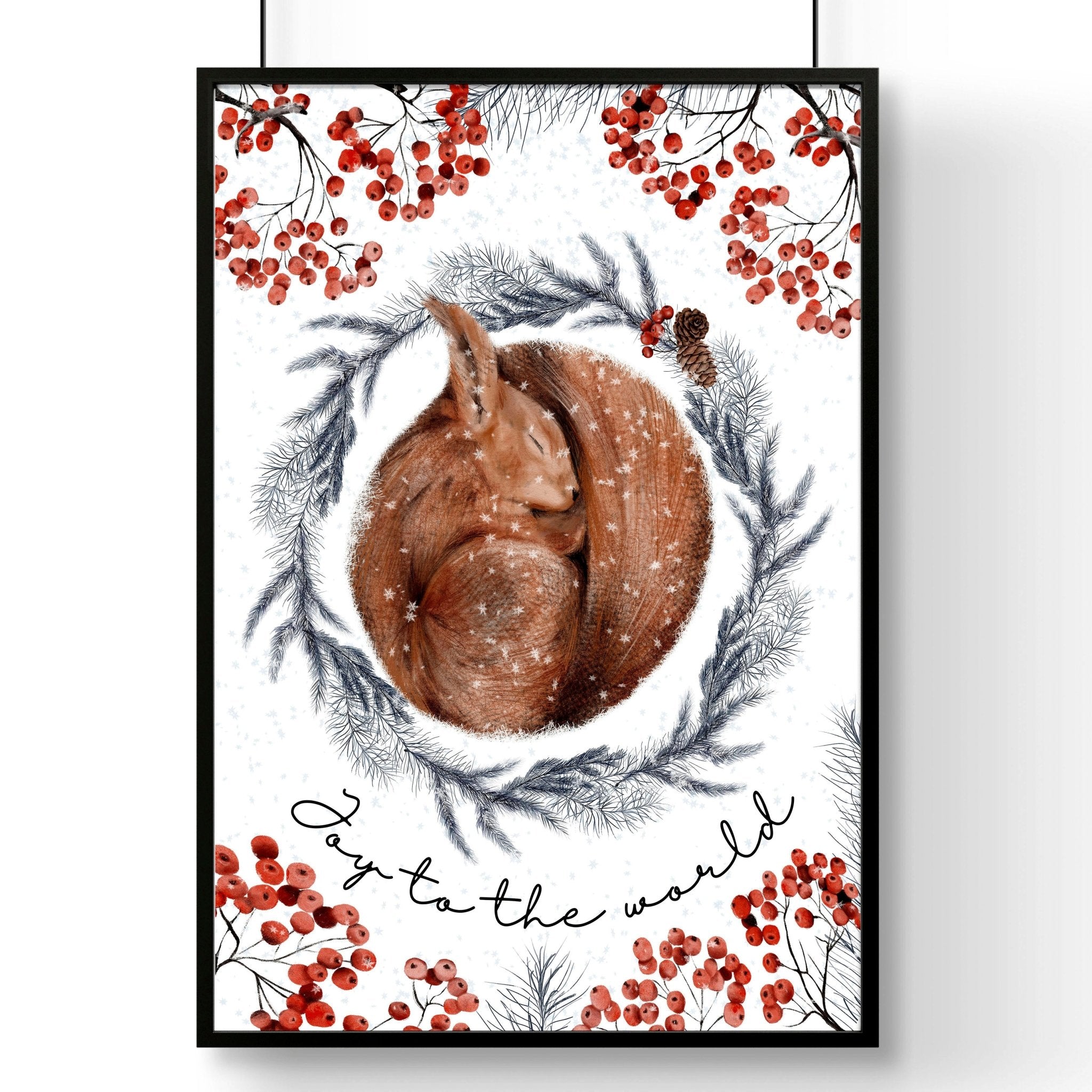 Charming Squirrel Wall Art Print featuring a grey wreath and red mistletoe berries, perfect for Folk Christmas Decor.