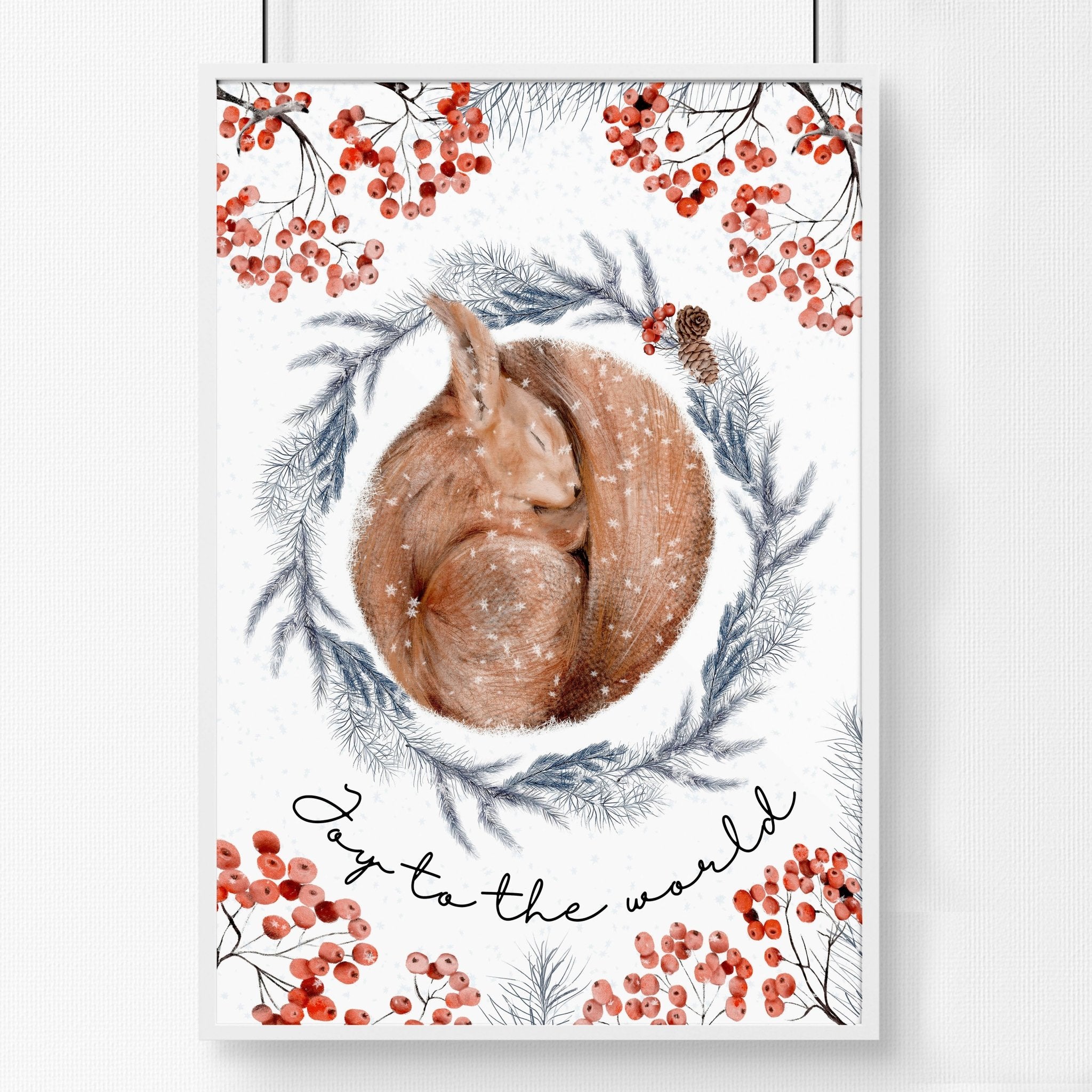 Charming Squirrel Wall Art Print featuring a grey wreath and red mistletoe berries, perfect for Folk Christmas Decor.