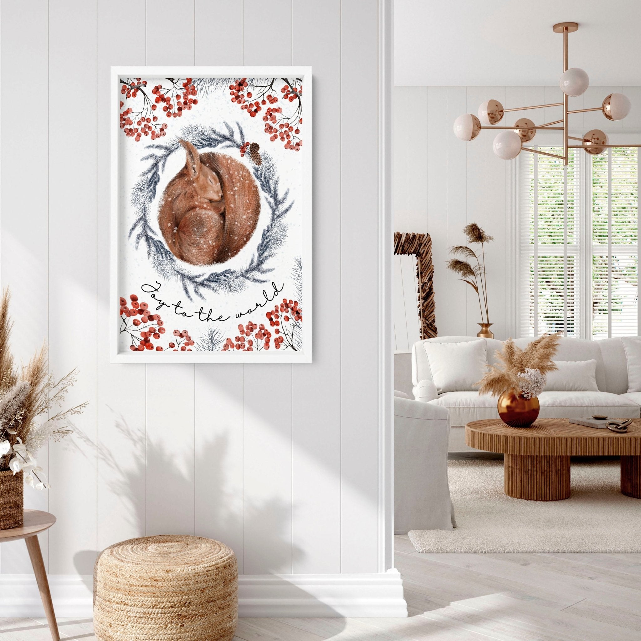 Charming Squirrel Wall Art Print featuring a grey wreath and red mistletoe berries, perfect for Folk Christmas Decor.