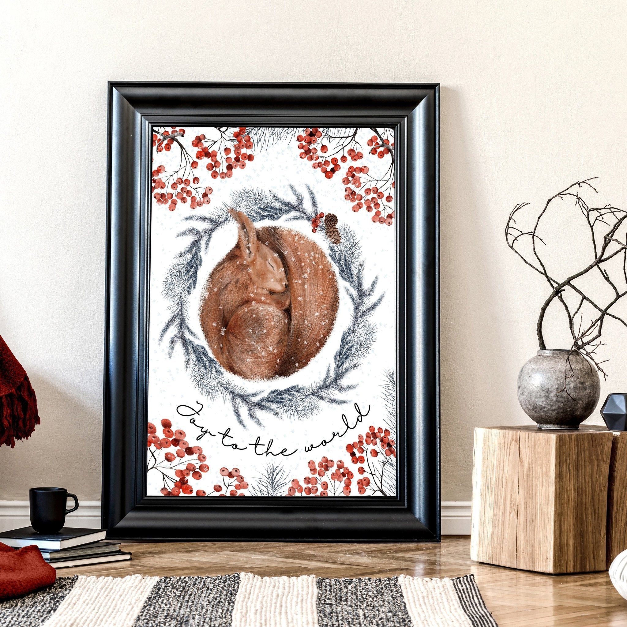 Charming Squirrel Wall Art Print featuring a grey wreath and red mistletoe berries, perfect for Folk Christmas Decor.