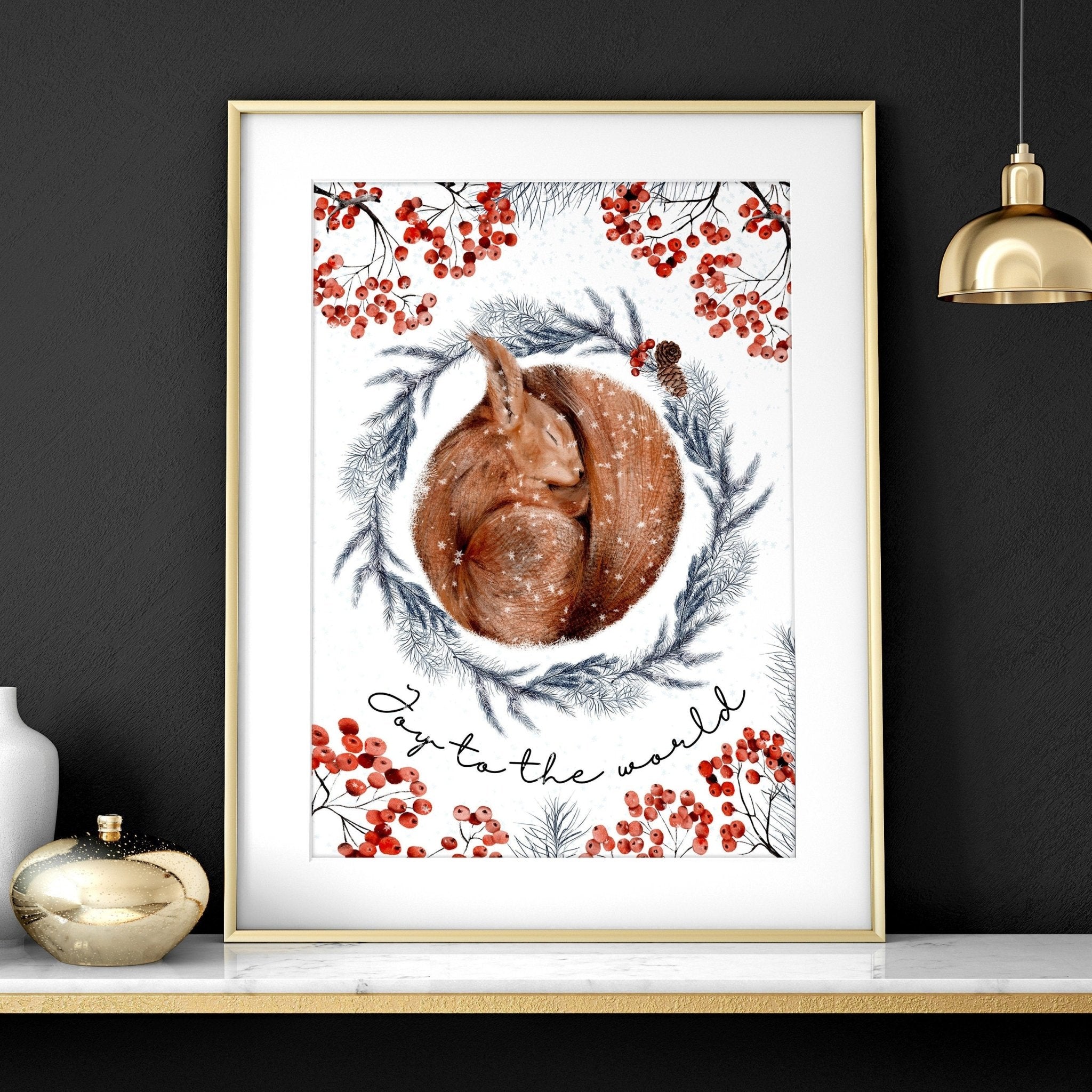 Charming Squirrel Wall Art Print featuring a grey wreath and red mistletoe berries, perfect for Folk Christmas Decor.