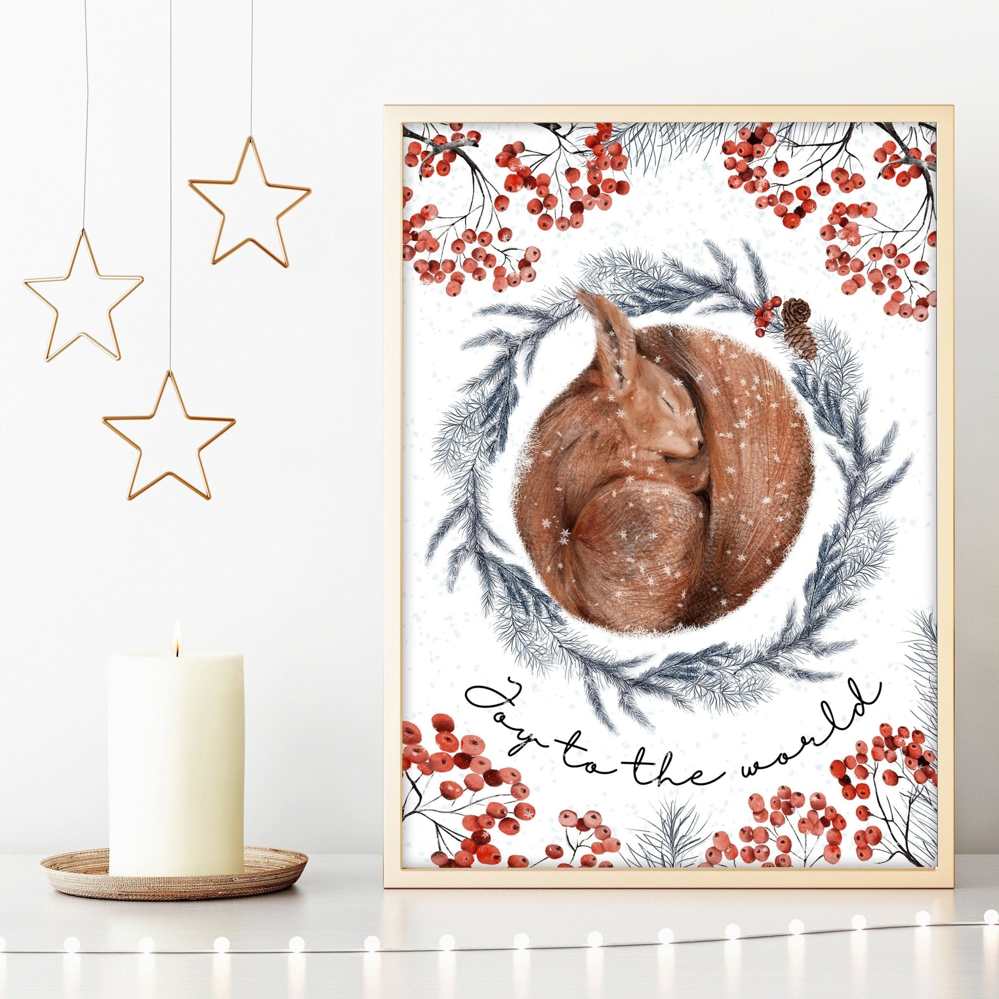 Charming Squirrel Wall Art Print featuring a grey wreath and red mistletoe berries, perfect for Folk Christmas Decor.