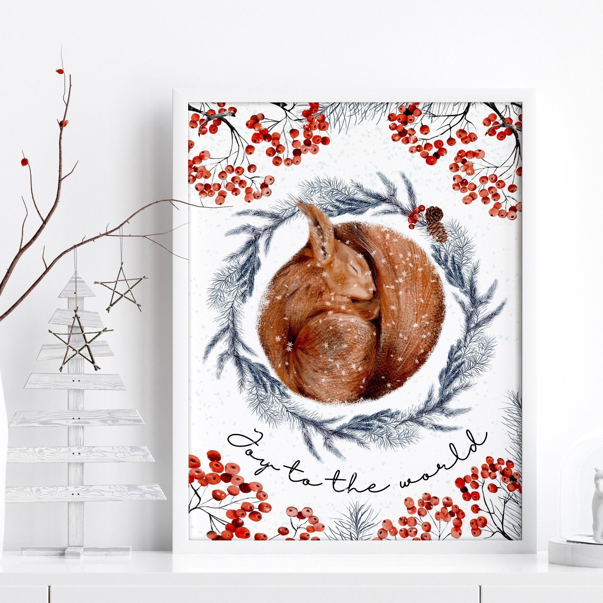 Charming Squirrel Wall Art Print featuring a grey wreath and red mistletoe berries, perfect for Folk Christmas Decor.