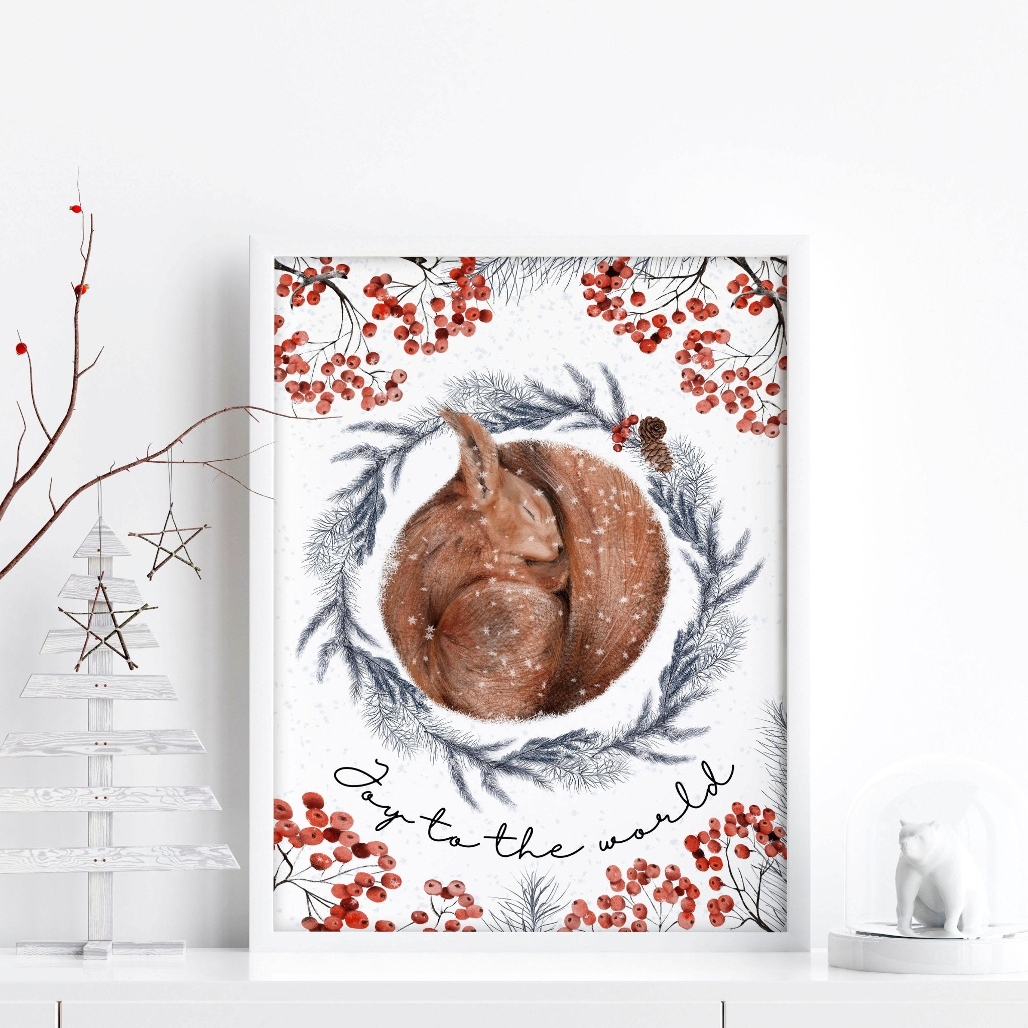 Charming Squirrel Wall Art Print featuring a grey wreath and red mistletoe berries, perfect for Folk Christmas Decor.