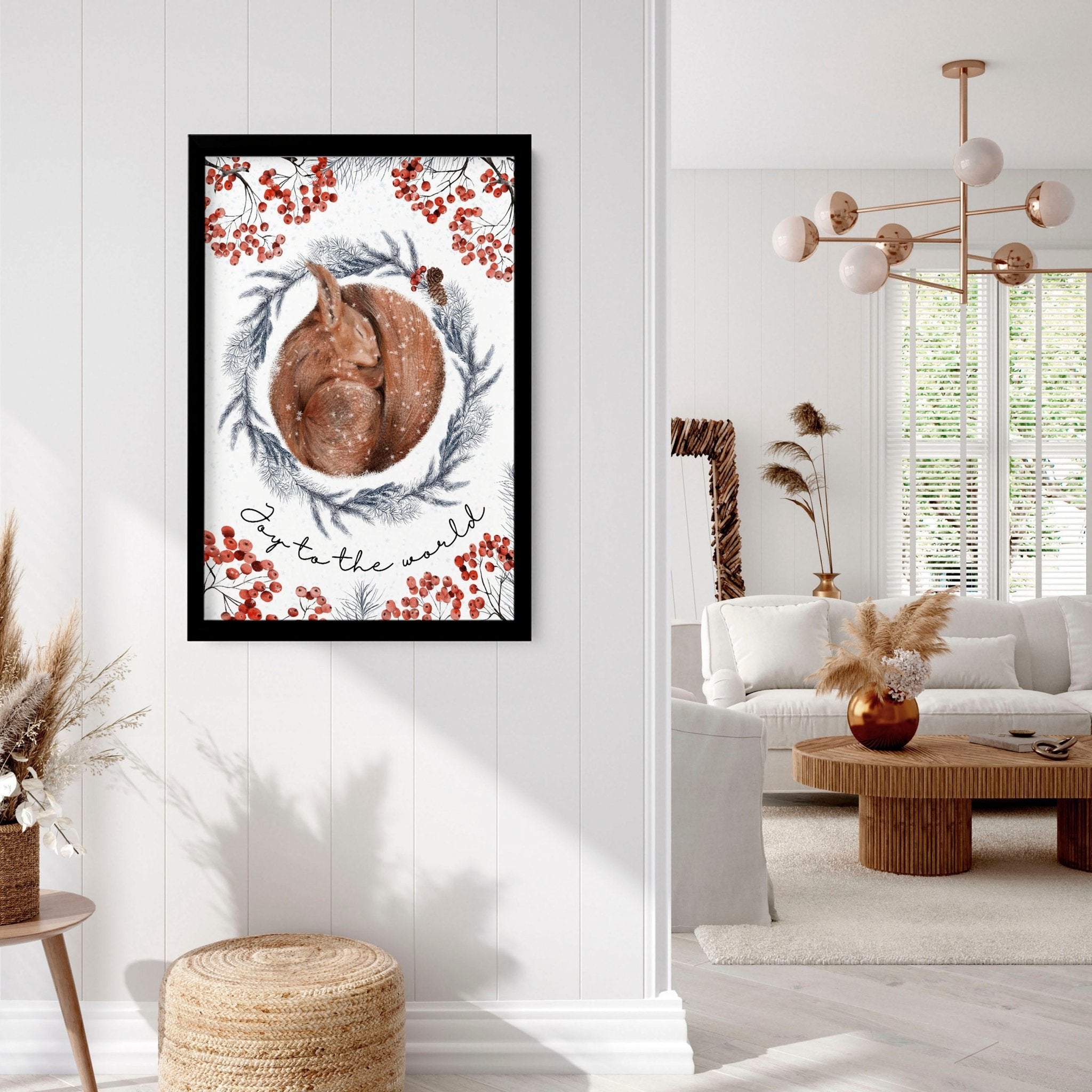 Charming Squirrel Wall Art Print featuring a grey wreath and red mistletoe berries, perfect for Folk Christmas Decor.