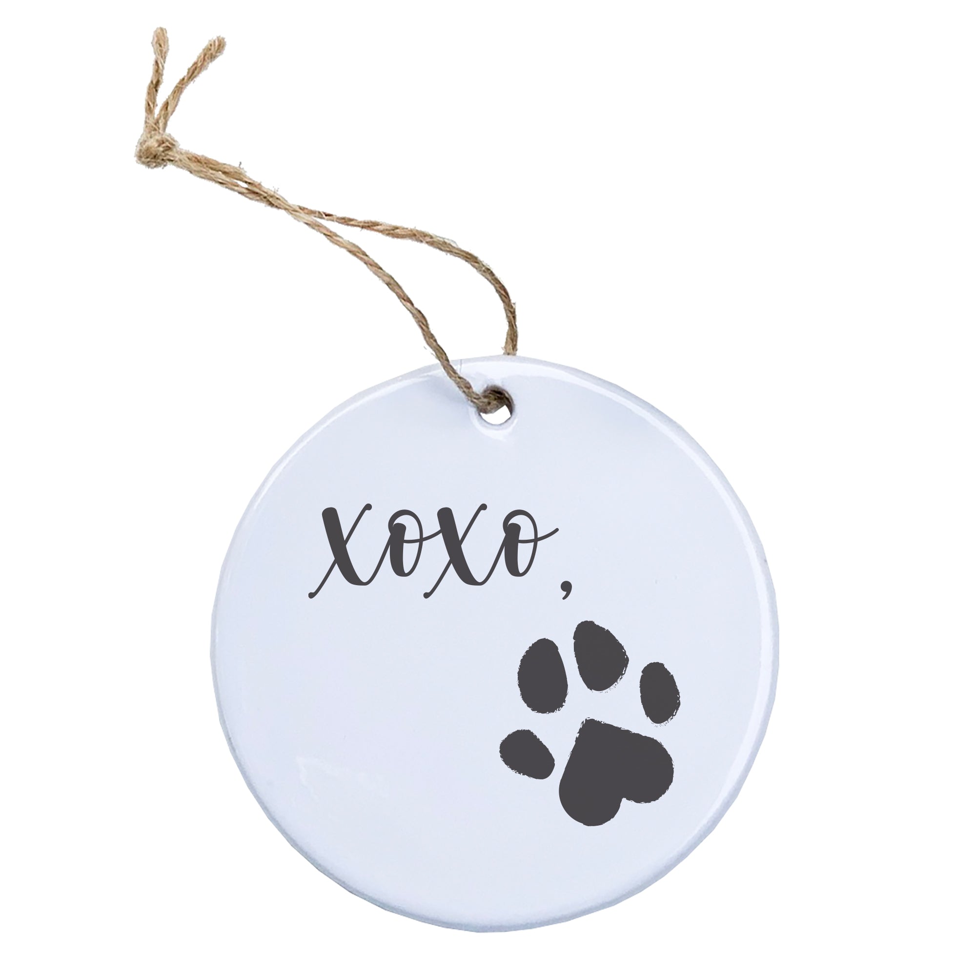 XOXO Heart Paw Ornament made of high-quality porcelain, featuring a heart and paw design, perfect for holiday decor or gifting.