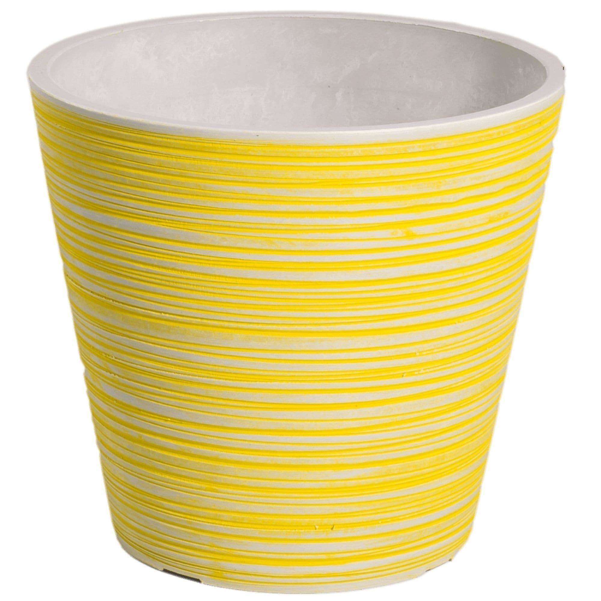 A beautifully hand engraved yellow and white garden pot, made from recycled materials, showcasing elegant contours and designed for durability.