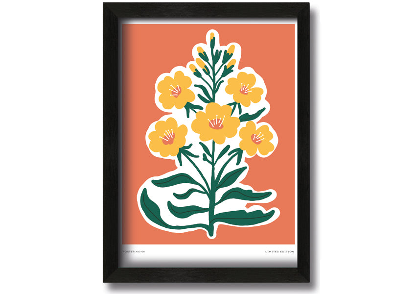 Framed print featuring vibrant yellow flowers on an orange background, ready to hang.
