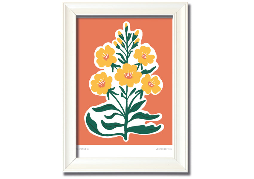 Framed print featuring vibrant yellow flowers on an orange background, ready to hang.