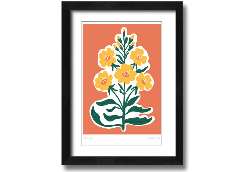 Framed print featuring vibrant yellow flowers on an orange background, ready to hang.