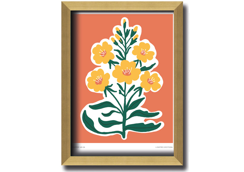 Framed print featuring vibrant yellow flowers on an orange background, ready to hang.