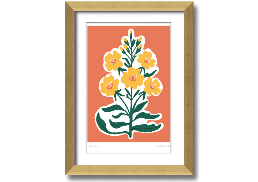 Framed print featuring vibrant yellow flowers on an orange background, ready to hang.