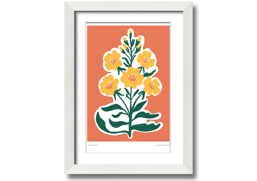 Framed print featuring vibrant yellow flowers on an orange background, ready to hang.