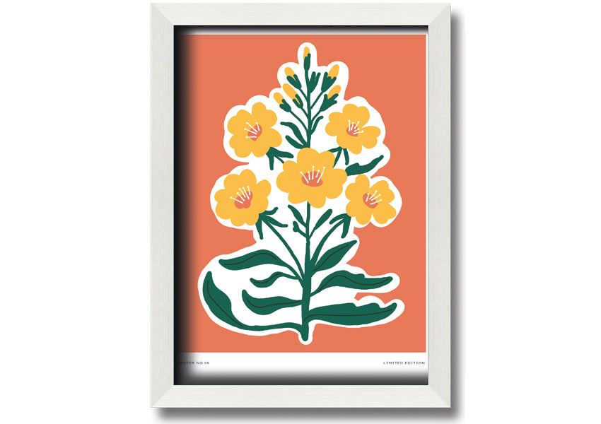 Framed print featuring vibrant yellow flowers on an orange background, ready to hang.
