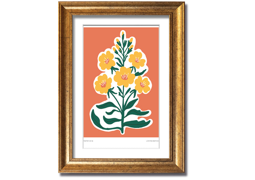 Framed print featuring vibrant yellow flowers on an orange background, ready to hang.