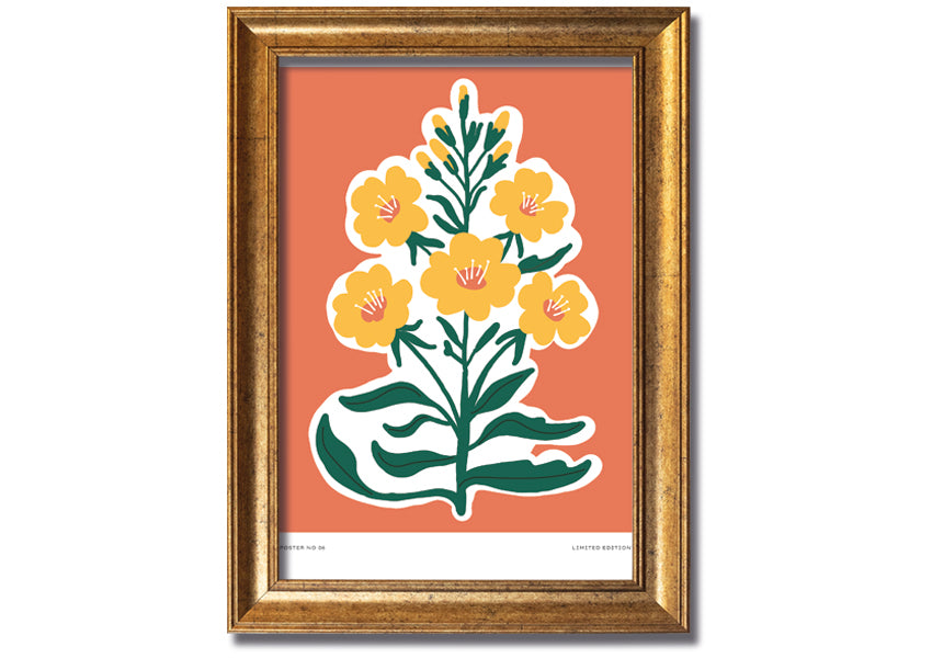 Framed print featuring vibrant yellow flowers on an orange background, ready to hang.