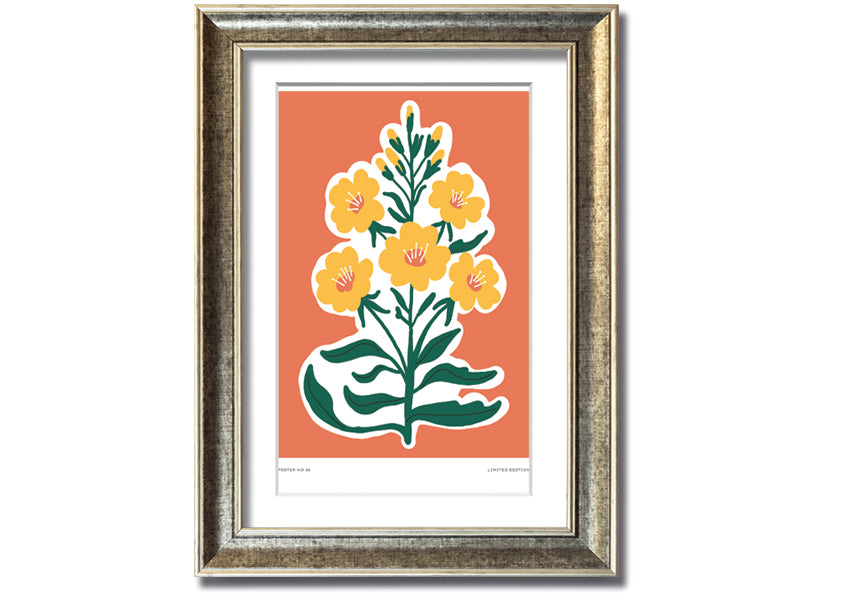Framed print featuring vibrant yellow flowers on an orange background, ready to hang.