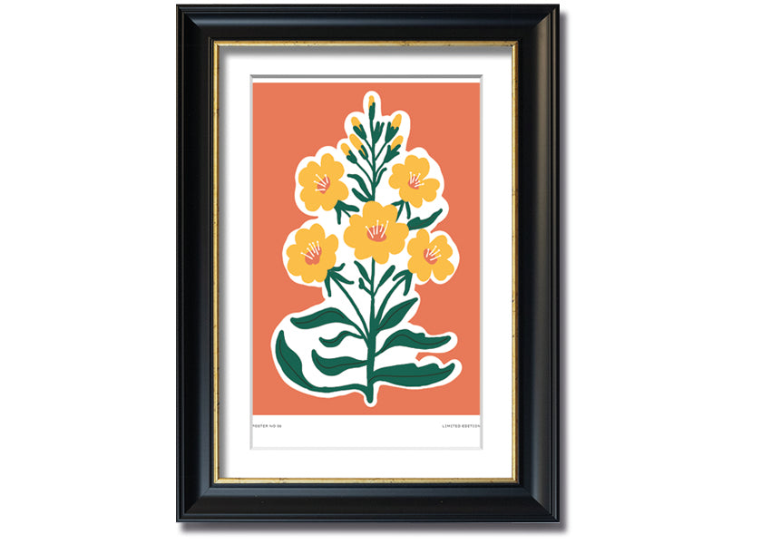 Framed print featuring vibrant yellow flowers on an orange background, ready to hang.