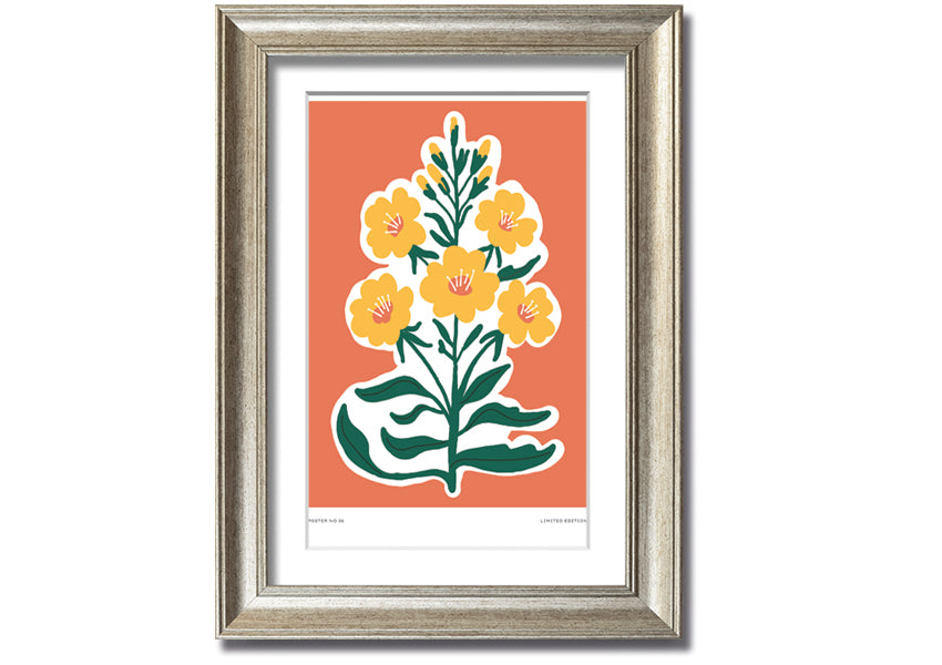 Framed print featuring vibrant yellow flowers on an orange background, ready to hang.