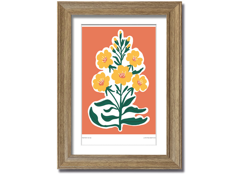 Framed print featuring vibrant yellow flowers on an orange background, ready to hang.