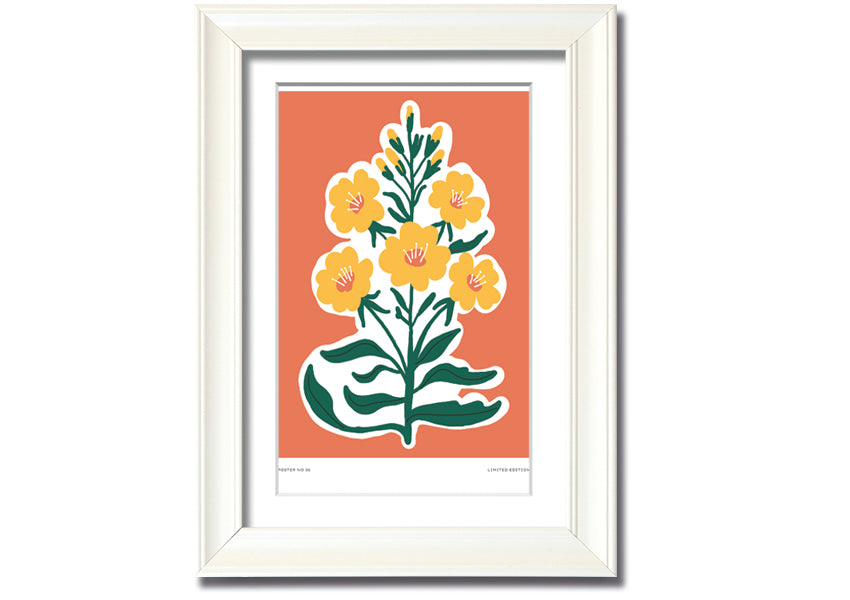 Framed print featuring vibrant yellow flowers on an orange background, ready to hang.