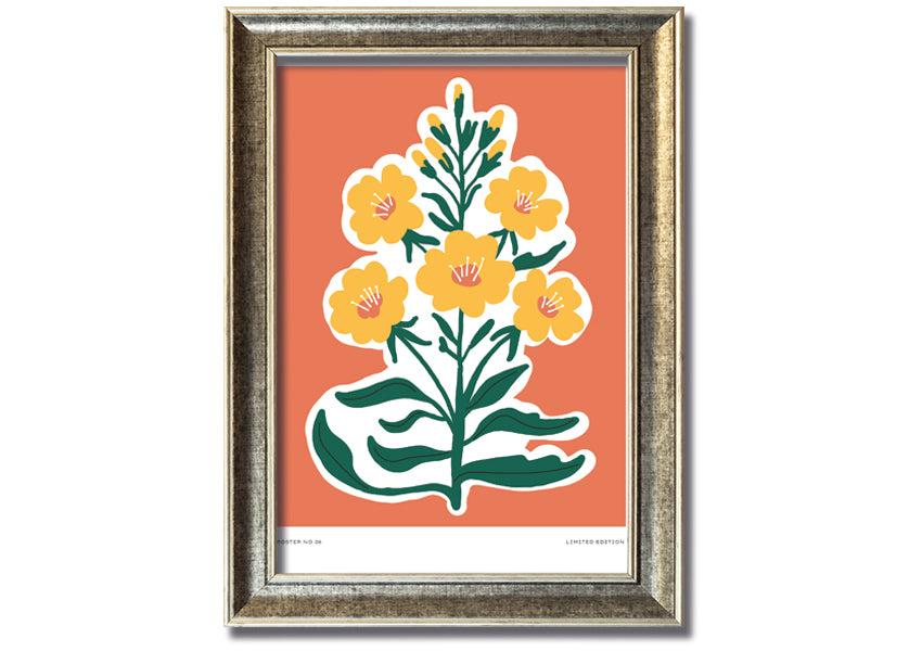 Framed print featuring vibrant yellow flowers on an orange background, ready to hang.