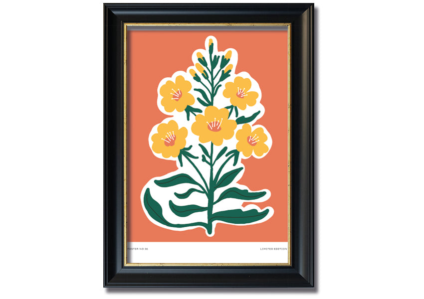 Framed print featuring vibrant yellow flowers on an orange background, ready to hang.