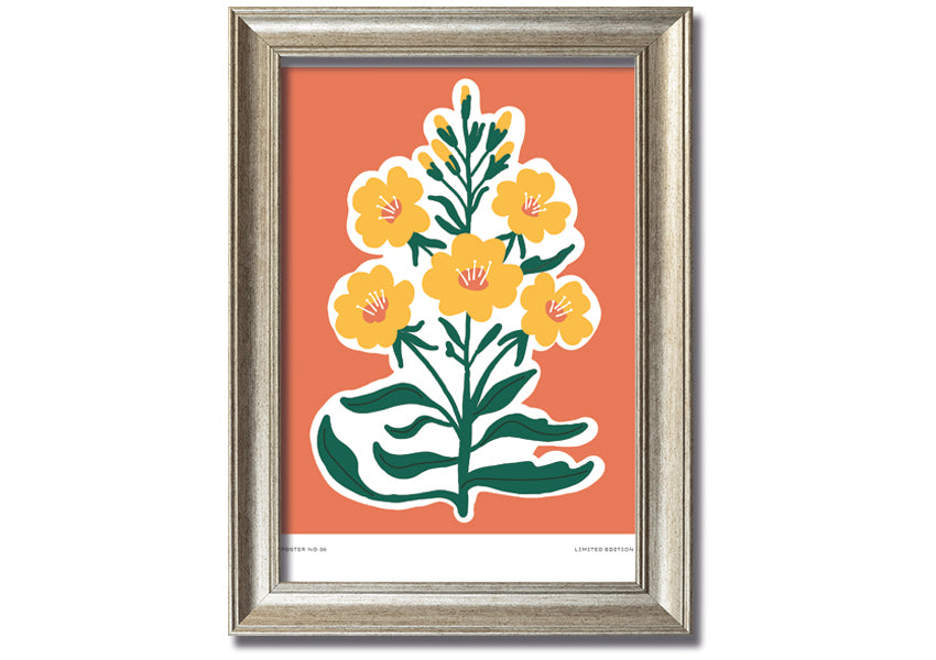 Framed print featuring vibrant yellow flowers on an orange background, ready to hang.